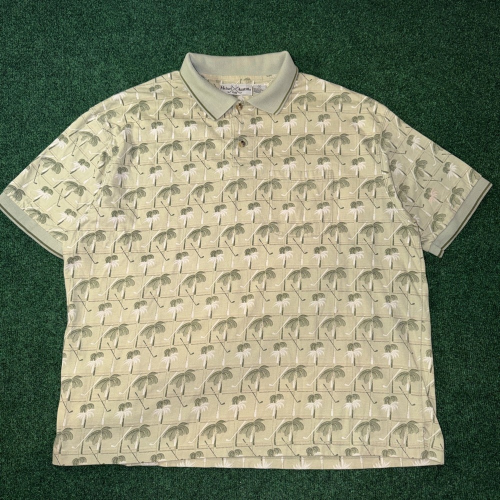 Michael Austin Golf Shirt Men's Size XL Green Palm Tree Design Side Pocket